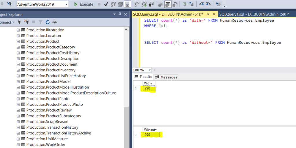 SQL Server WHERE 1=1 Example using AdventureWorks2019 tables